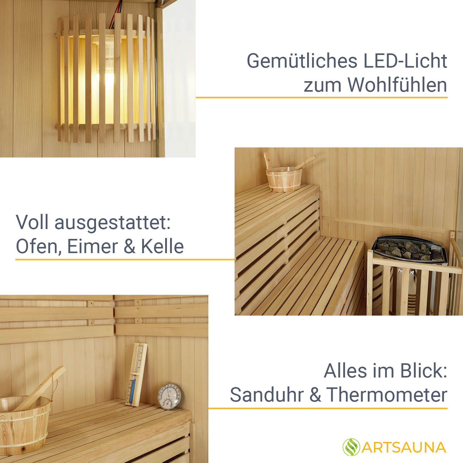 Artsauna Saunakabine Espoo150 Premium mit Harvia Ofen – 3 Personen – Hemlock Holz & Glasfront