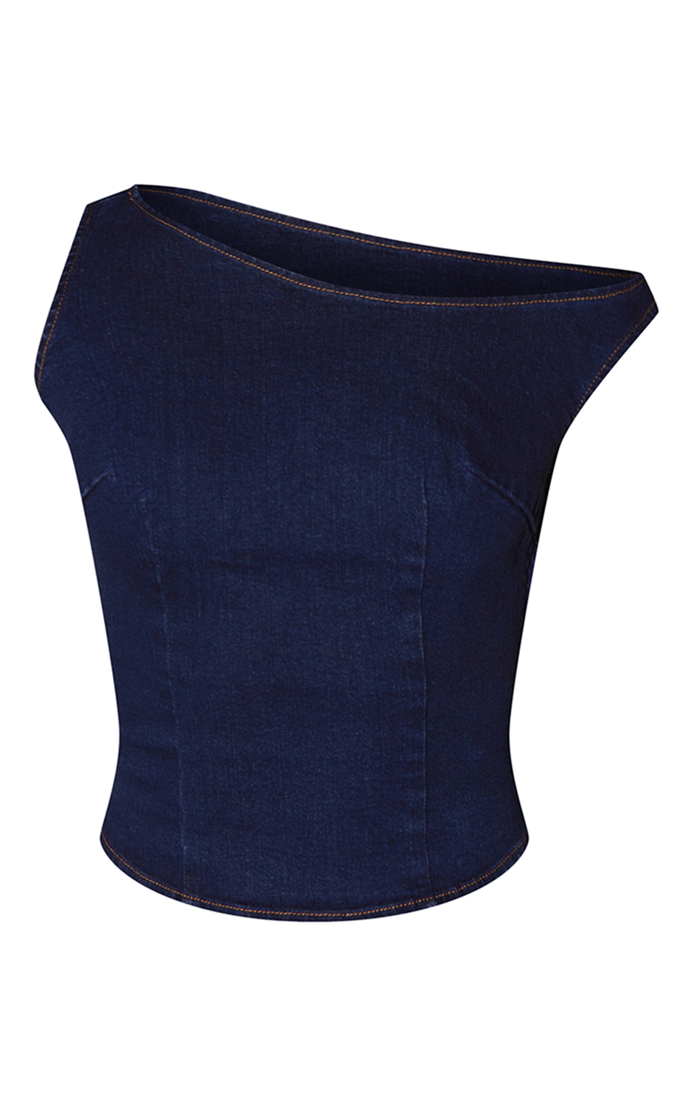 Bleu Indigo Top En Denim Asymétrique Sans Manches