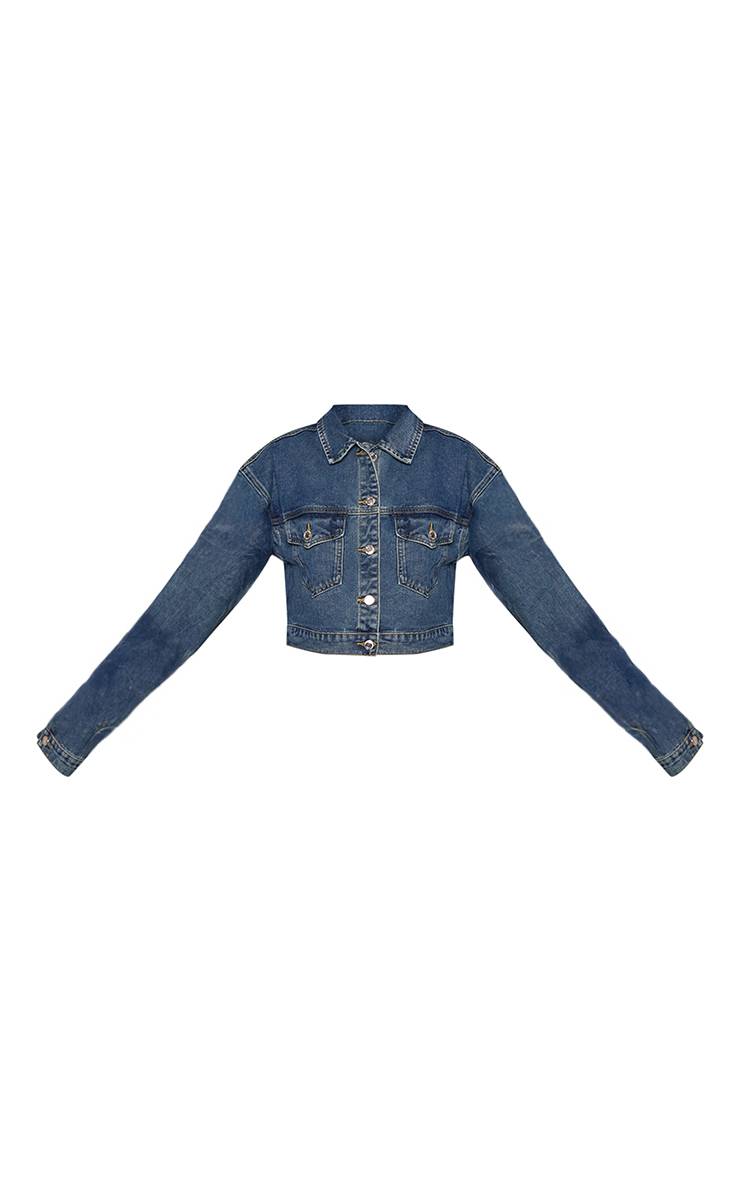 Dark Blue Wash Veste En Jean Courte Avec Détails De Poches Pour Grandes Tailles