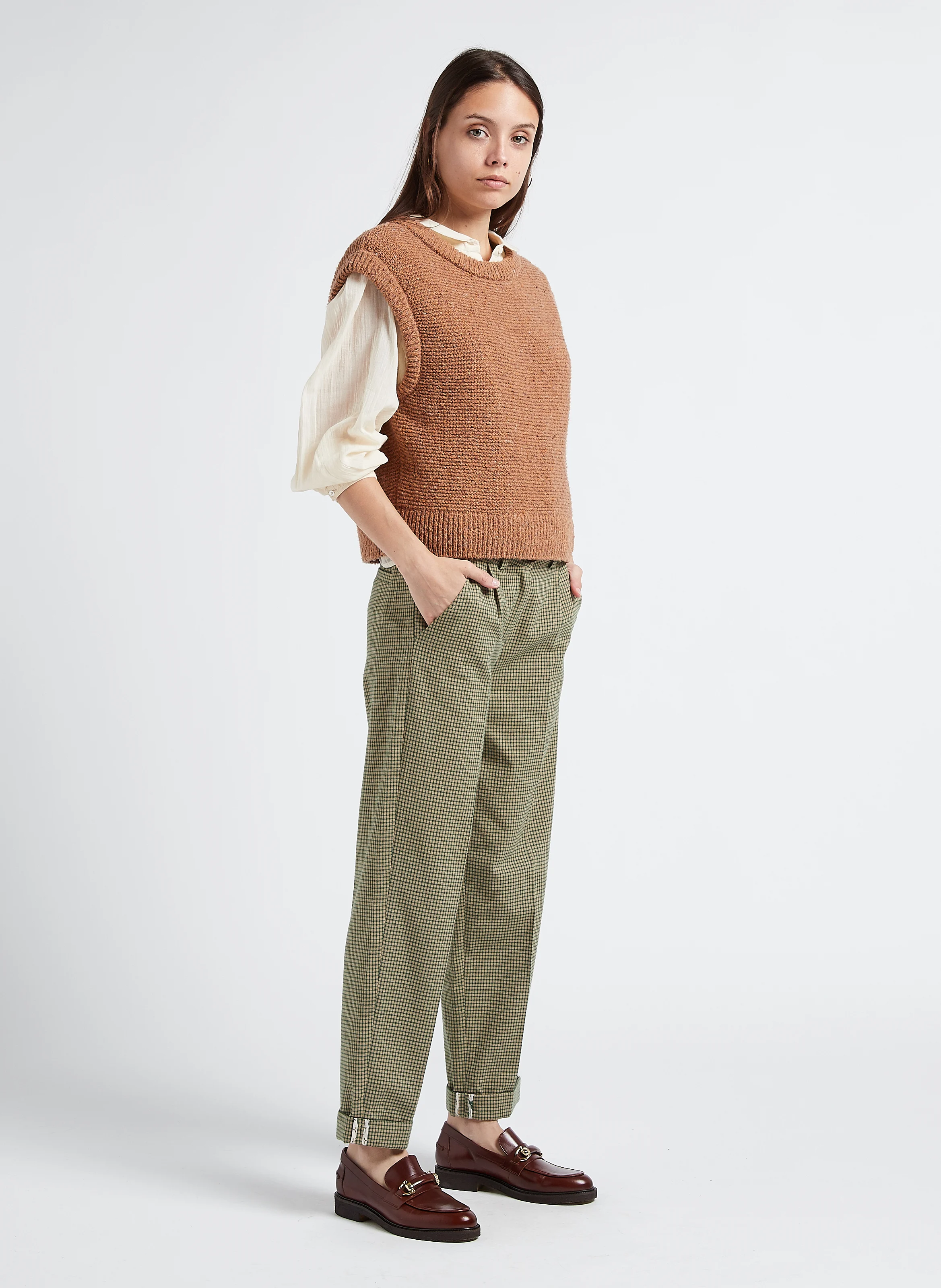 Pull sans manches col rond en laine mélangée | Marron