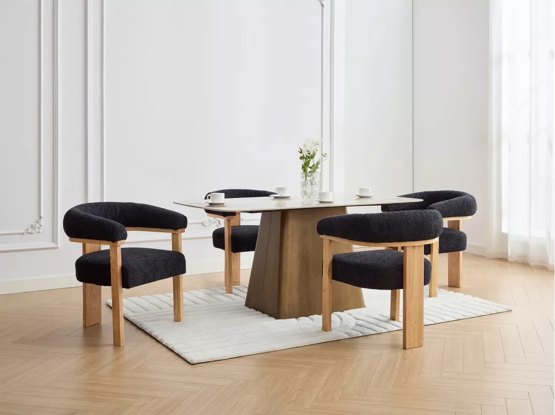 Lot de 2 chaises avec accoudoirs en tissu bouclette et bois d'hévéa naturel - Noir - LIVELIA de Pascal MORABITO