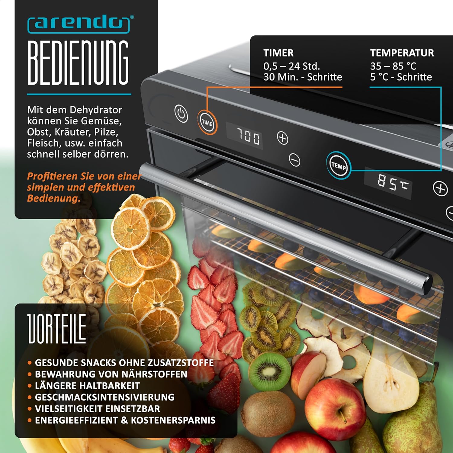 Arendo - Dörrautomat Edelstahl mit 8 Edelstahlgitter - 700 W - 35°-85°C - 8 Edelstahl Einlegetabletts mit insgesamt 6700 cm² - Dörrgerät Dehydrator Obsttrockner Dörrapparat - Obst Fleisch Pilze uvm