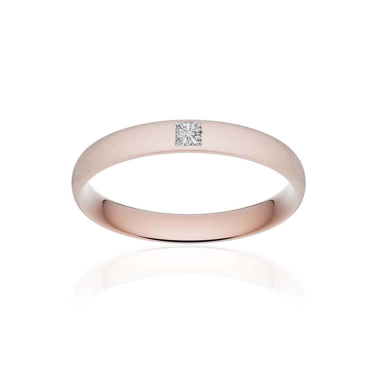 Alliance or 375 rose sablé demi-jonc confort 3,5mm diamant princesse