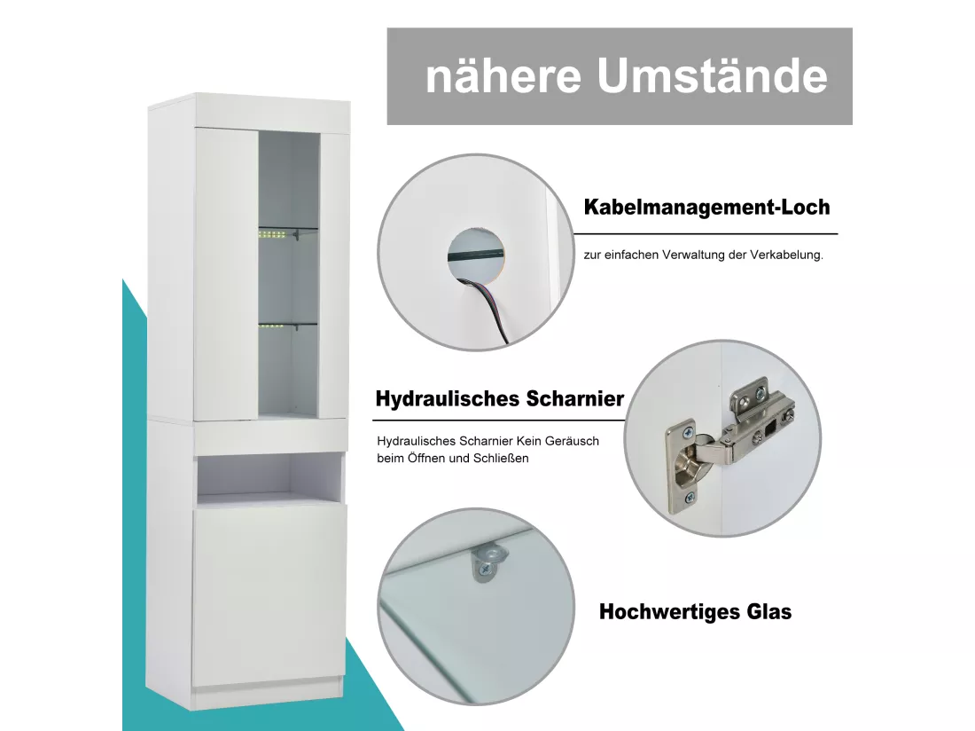 Vitrine 2 porte 1 niche - LEDs - Panneaux de particules - H 180 cm - Blanc
