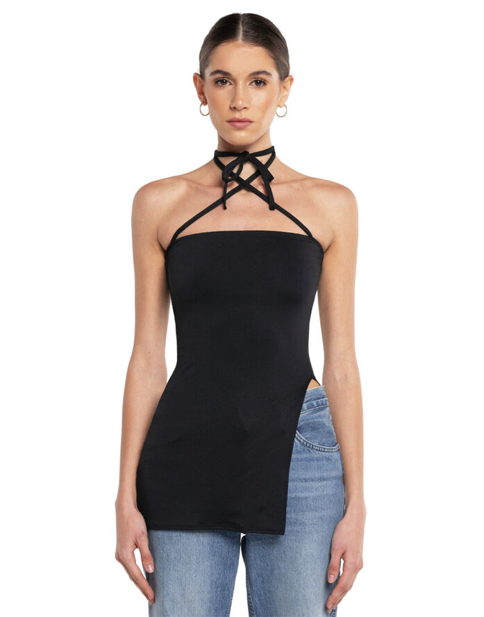 OW Collection Tie High Slit Top Black caviar