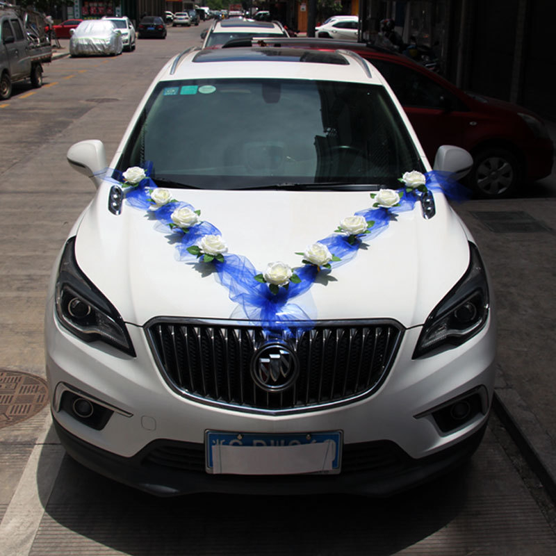 (25-tlg. Set) DIY Auto Kunstblumen Hochzeits Deko Motorhaube Schmuck Rosen - Weiss / Blau