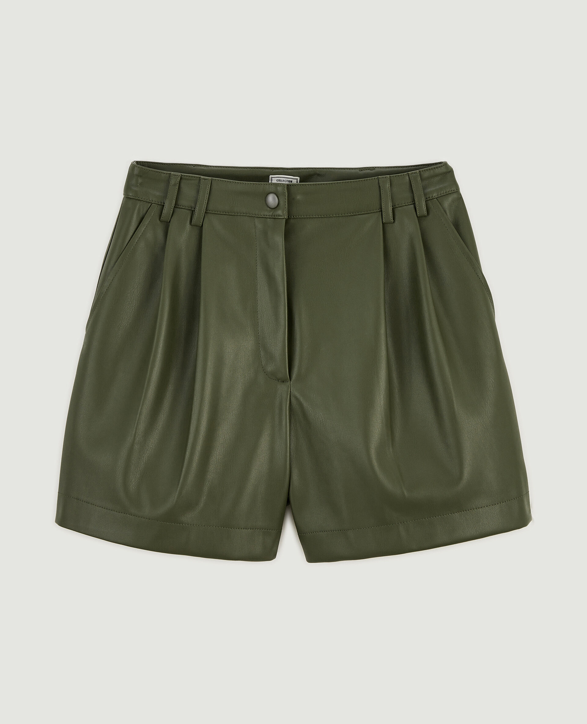 Short taille haute en simili cuir avec pinces - Vert kaki