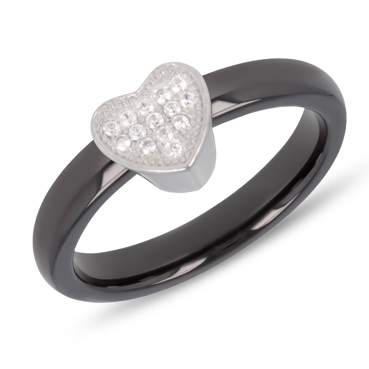 Bague céramique argent rhodié avec cubic zirconia forme coeur