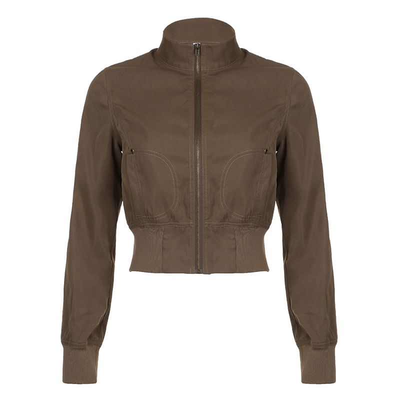 BrickBlack - Hoge kraag, effen cropped jack met rits