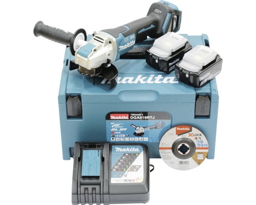 Makita DGA519RTJ accu haakse slijper met X-LOCK snelwisselsysteem, inclusief 2 accu's (5,0 Ah) en MAKPAC maat 3