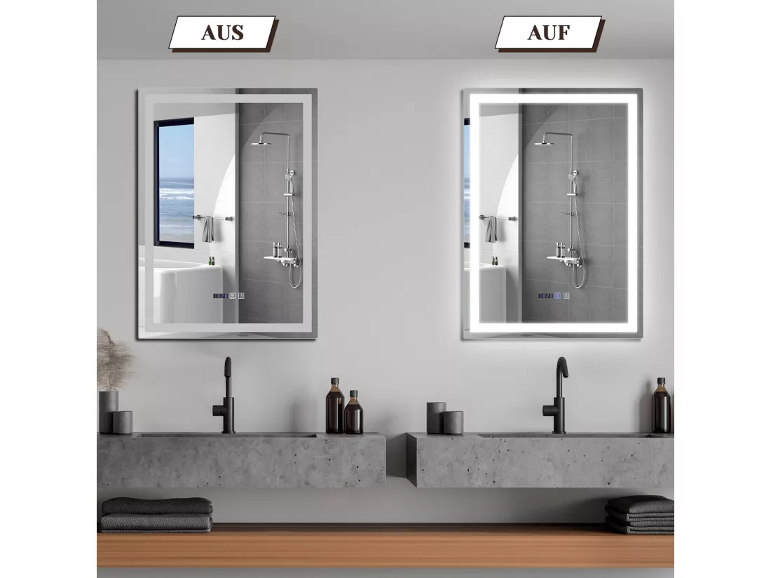 NETTLIFE Miroir lumineux salle de bain - 60x80 cm LED, mural, IP44, interrupteur tactile, horloge, réglable