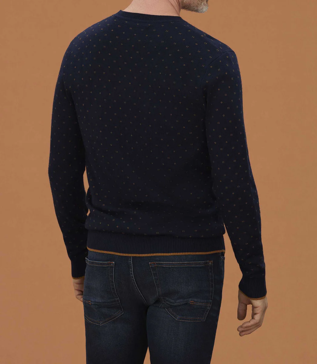 Pull col rond marine motif all over 