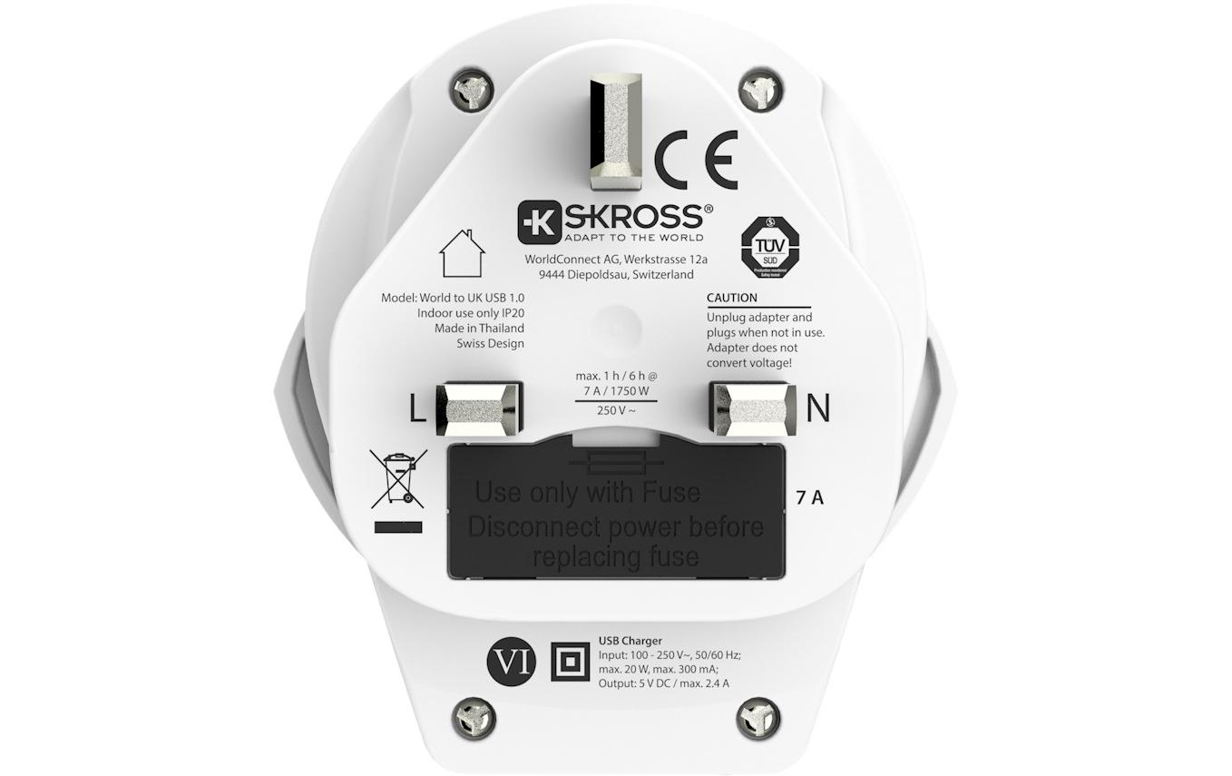Reiseadapter World UK mit USB LadegerätKompakter Reisestecker World zu Grossbritannien mit USB Ladeanschluss
