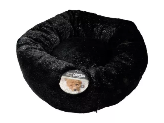 Coussin rond apaisant pour animaux à paillettes - Noir avec paillettes argentées - D 55 x H 25 cm