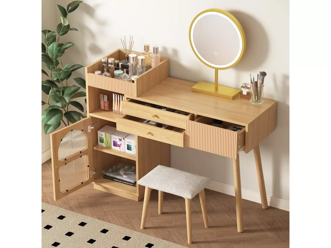 Coiffeuse avec miroir à LEDs avec 3 tiroirs et armoire latérale - Panneaux de particules - Coloris naturel