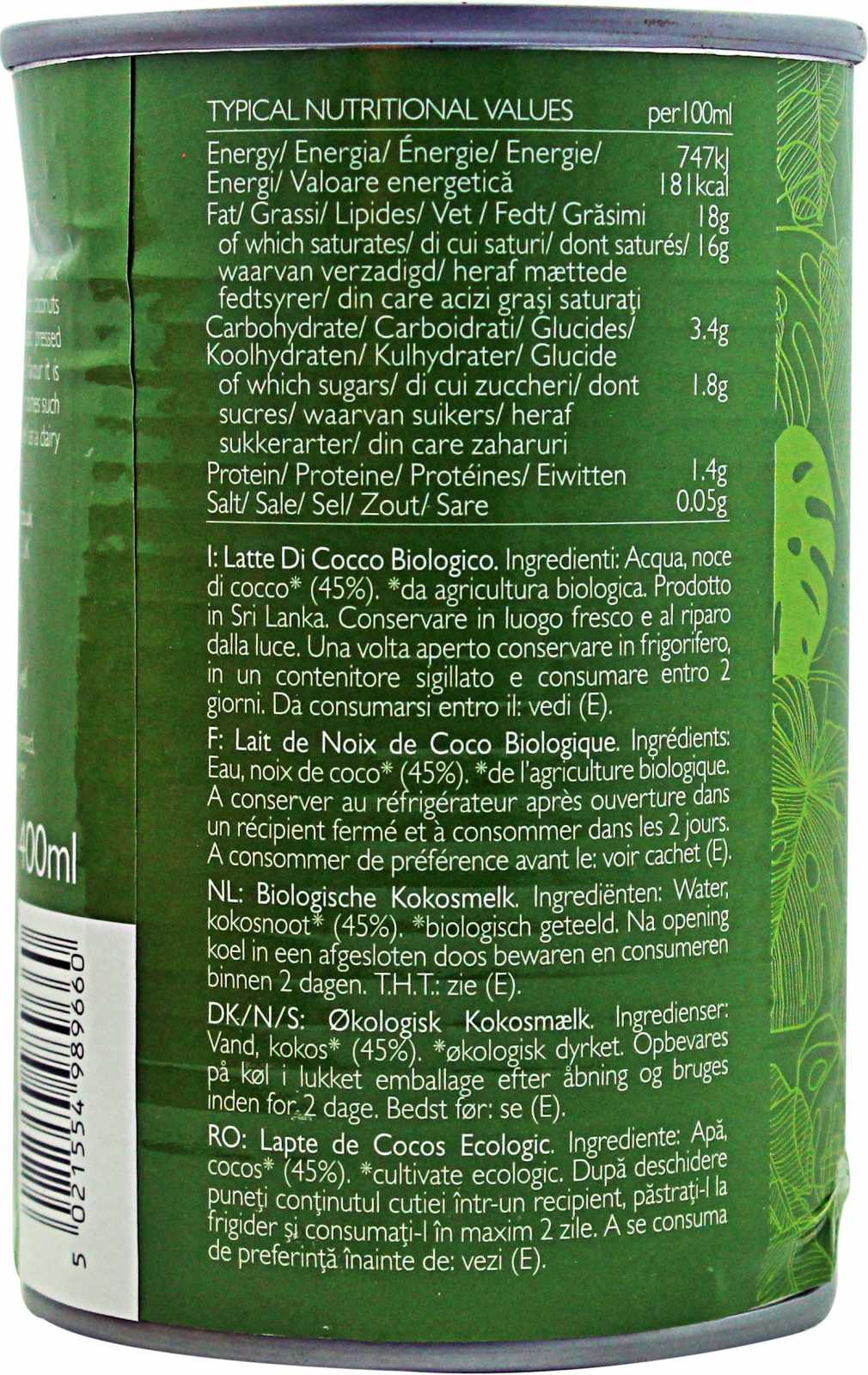 Leite de coco orgânico Clearspring Wholefoods 400ml