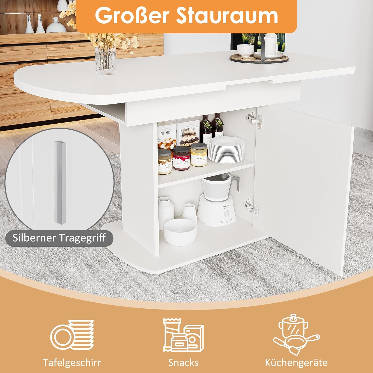 Esstisch Küchentisch Ovaler für 4-6 Personen, Esstisch Ausziehbar 110-130 x 70 cm, Esszimmertisch mit Stauraum Regal und Türen, Modern Tisch mit Tischplatte für Esszimmer Wohnzimmer (Weiß)