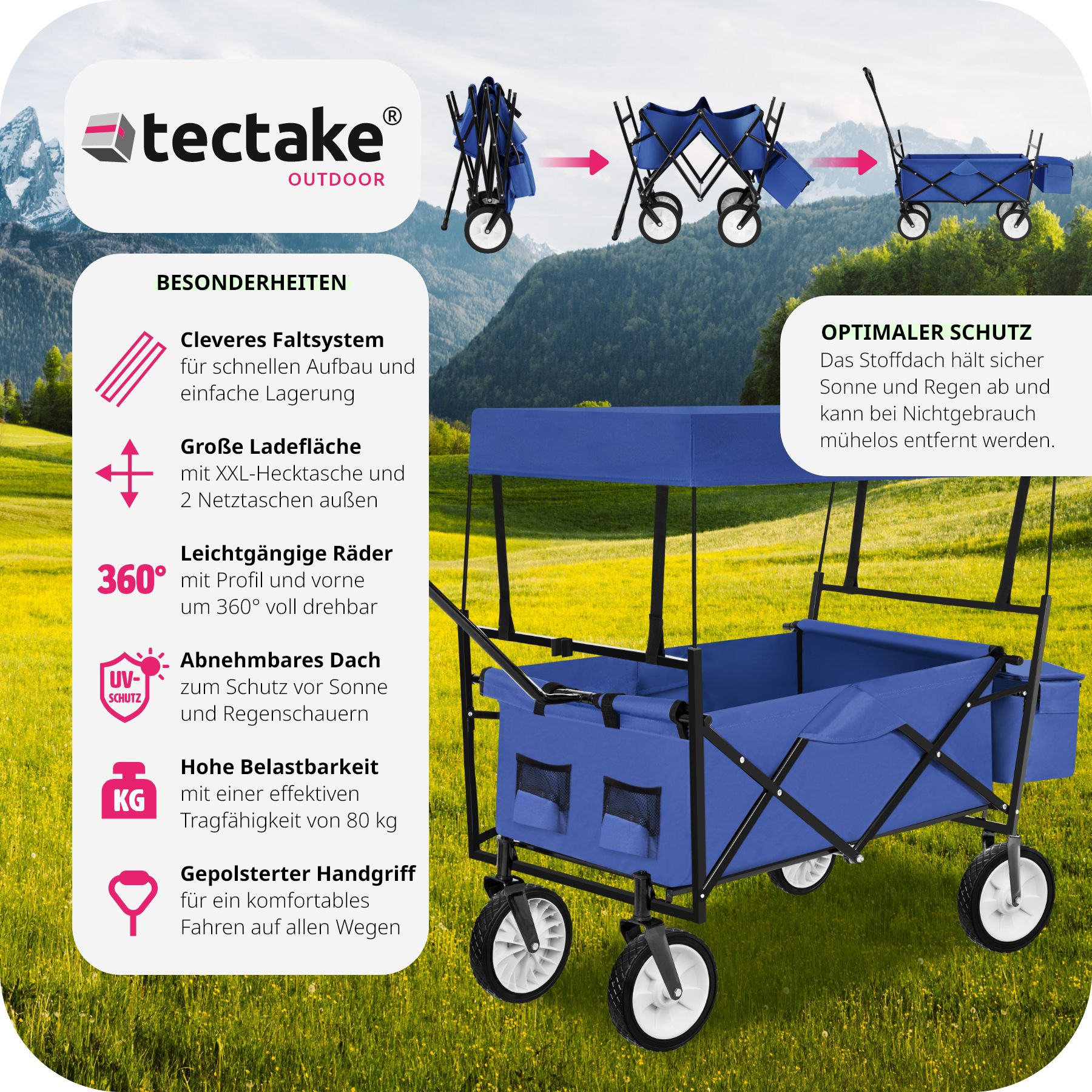 tectake® Bollerwagen, faltbar, mit Dach, große Hecktasche und 2 Netztaschen, inklusive Tragetasche
