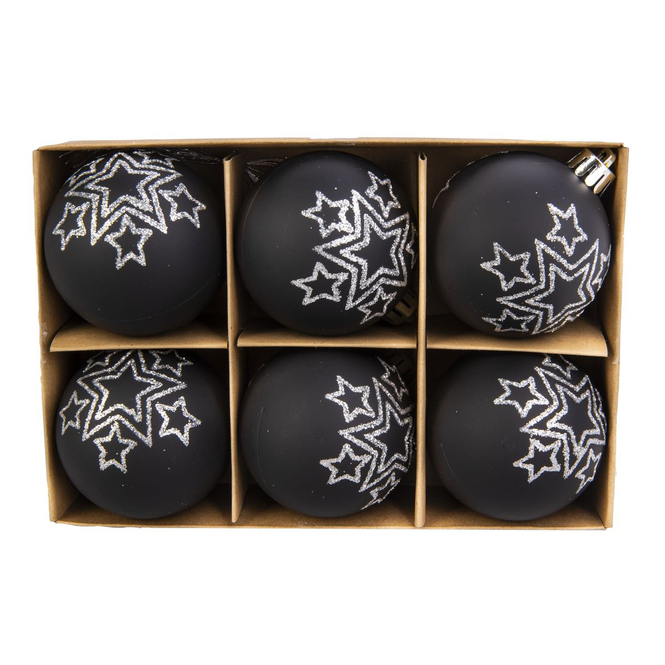 Christbaumkugeln mit Sternen - bruchfest - schwarz/silber - ca. 6 cm - 6 Stück
