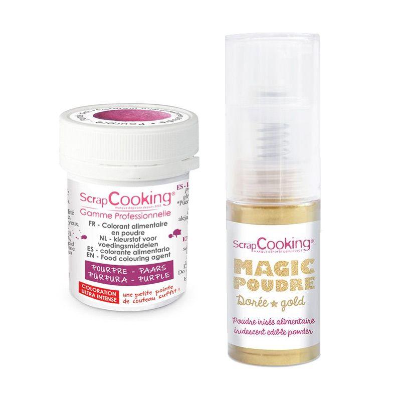 Colorant alimentaire en poudre pourpre + Poudre irisée dorée Scrapcook