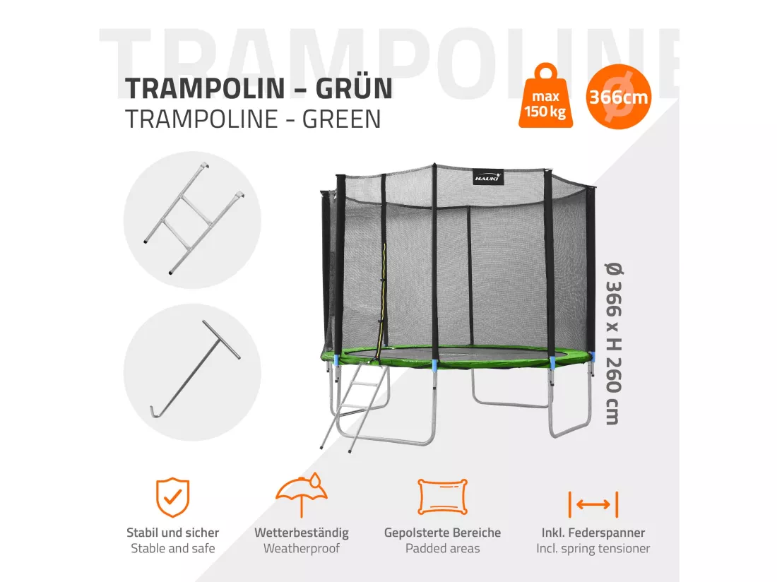 Hauki Trampoline Outdoor, Ø366 cm, vert, certifié GS, trampoline de jardin rond pour enfants jusqu'à 150 kg, set complet avec filet de sécurité, échelle, couverture des bords, barres rembourrées, trampoline stable pour enfants