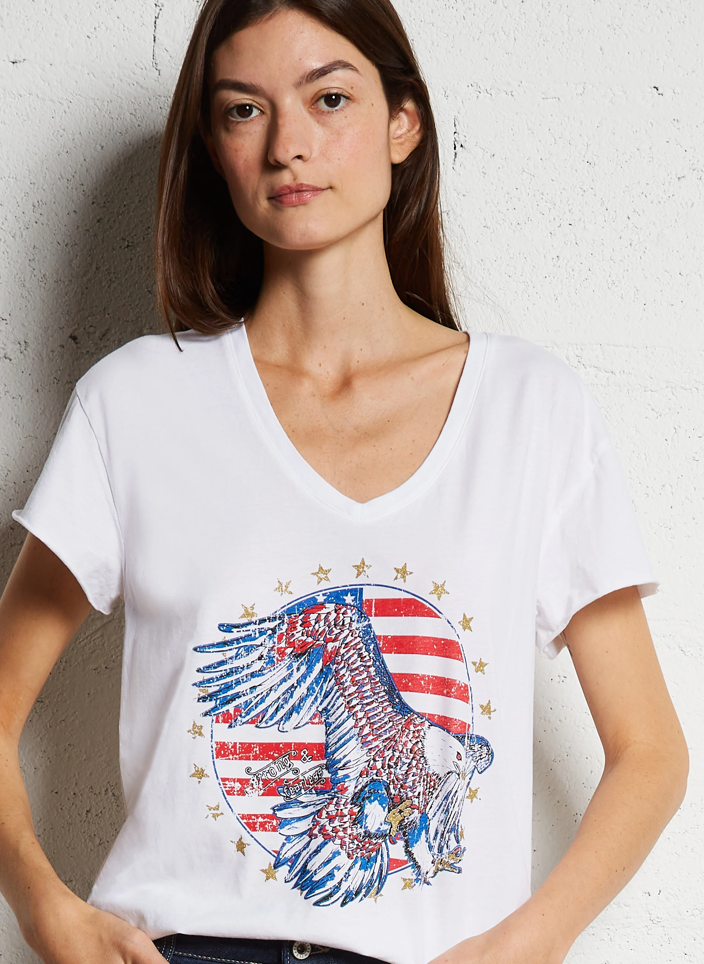 Tee-shirt col V droit en coton sérigraphié | Blanc
