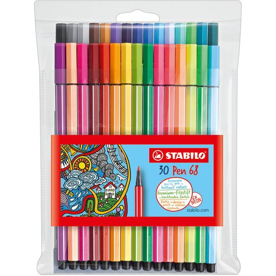Feutre dessin stabilo pen 68 pointe moyenne ogive robuste pochette de 30 unités dont 6 fluos