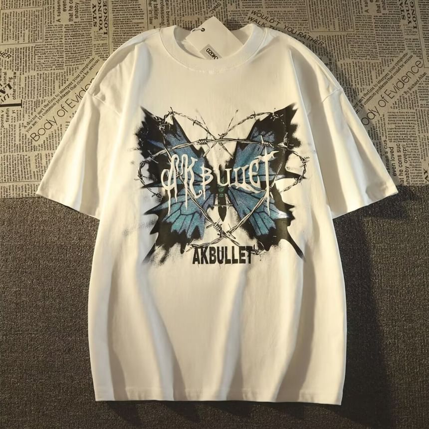 Bay Go Mall - T-shirt met ronde hals en vlinderprint, met elleboogmouwen