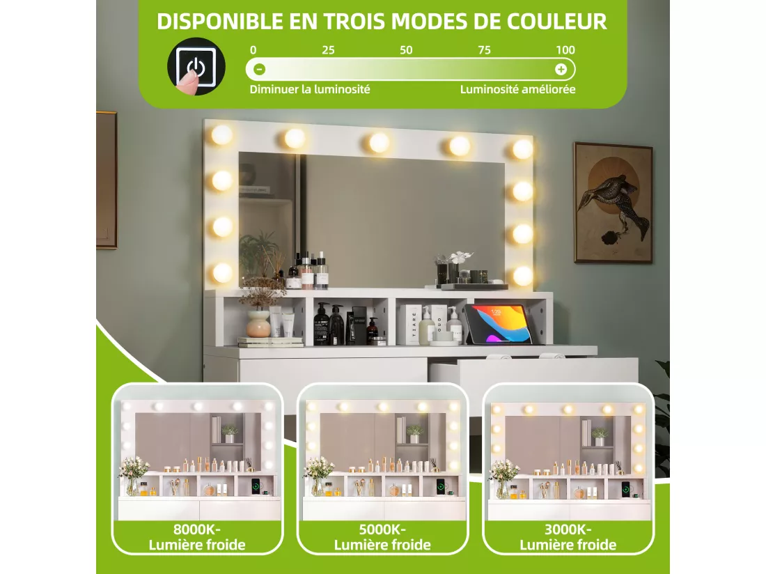 YITAHOME Coiffeuse avec Éclairage Coiffeuse avec Miroir et Taburet - Coiffeuse avec 2 Tiroirs - Blanche