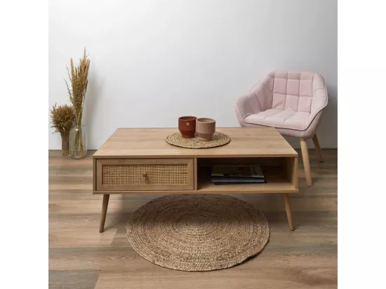 MAYA - Table Basse 1 Tiroir Effet Bois et Façade Rotin