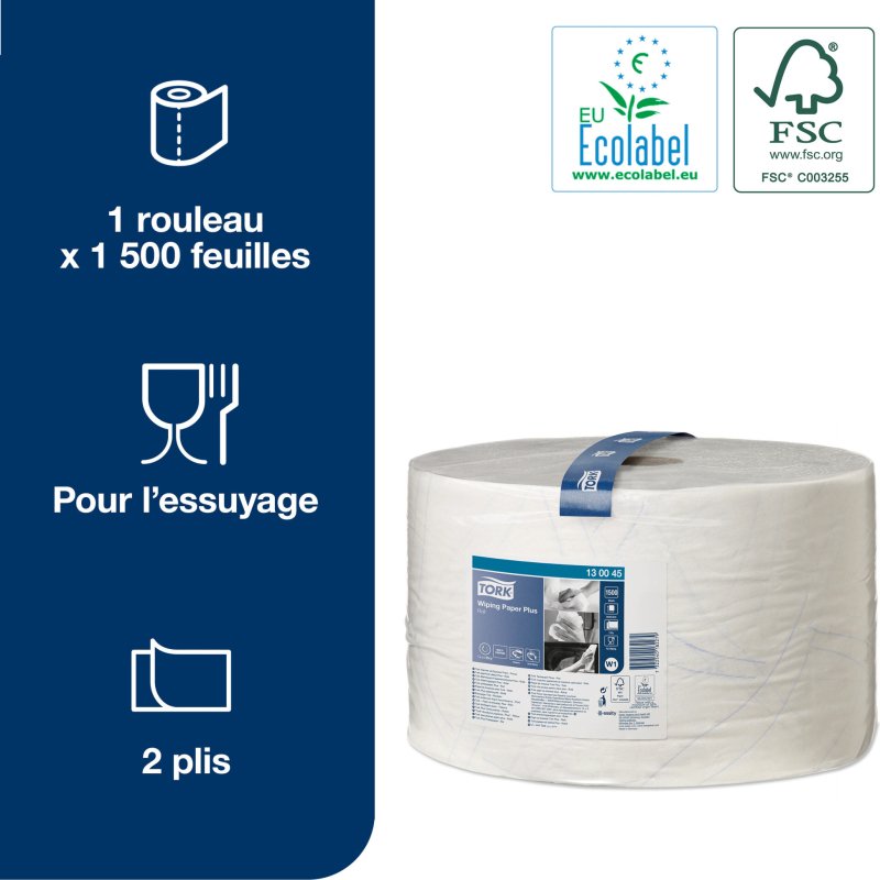 Bobine d'essuyage Tork W1 Plus blanc - longueur 510 m