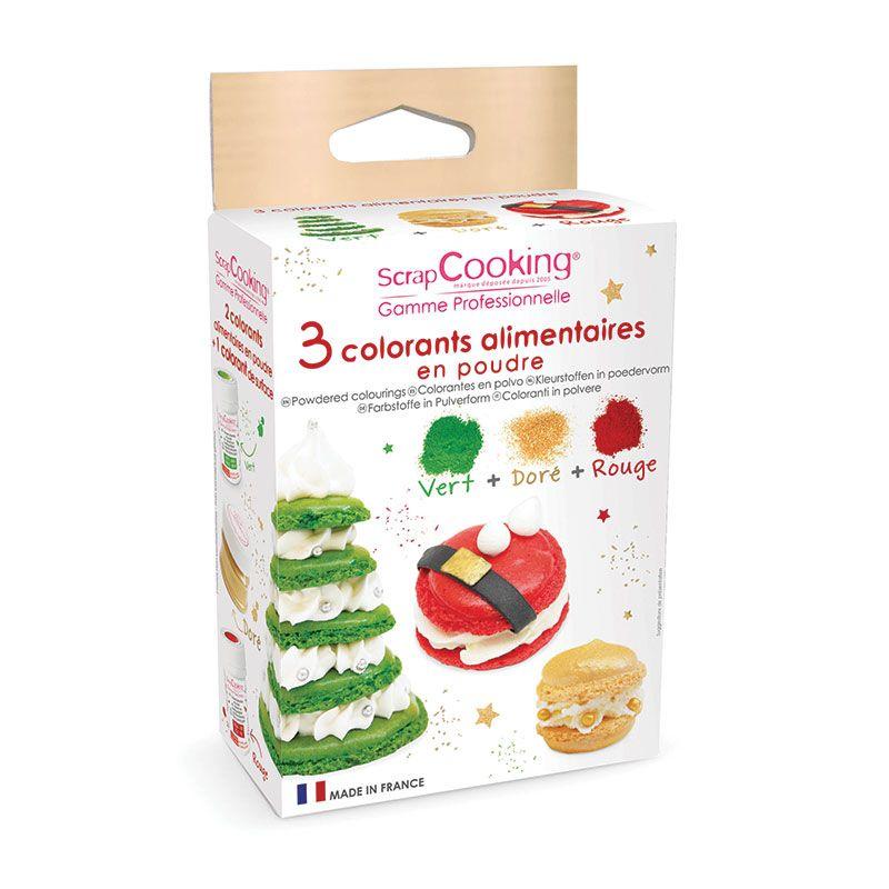 3 colorants en poudre vert, rouge et doré - Edition Noël Scrapcooking