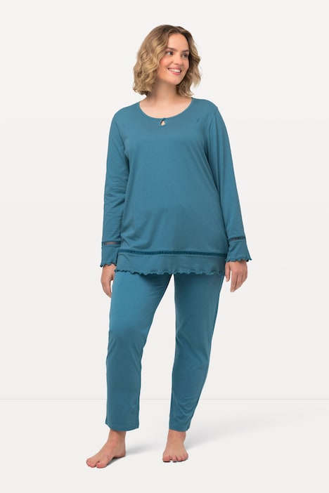 Pyjama, Hohlsaum, Wellenkanten, Rundhals, Langarm