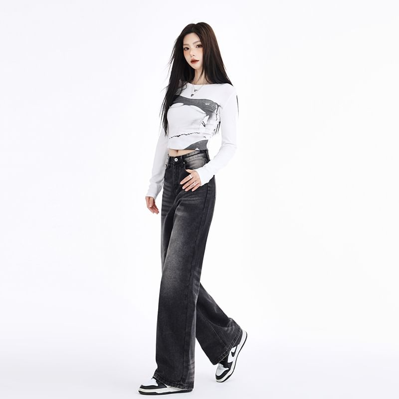 Denimot - High Waist Washed Wide Leg Jeans (diverse designs)