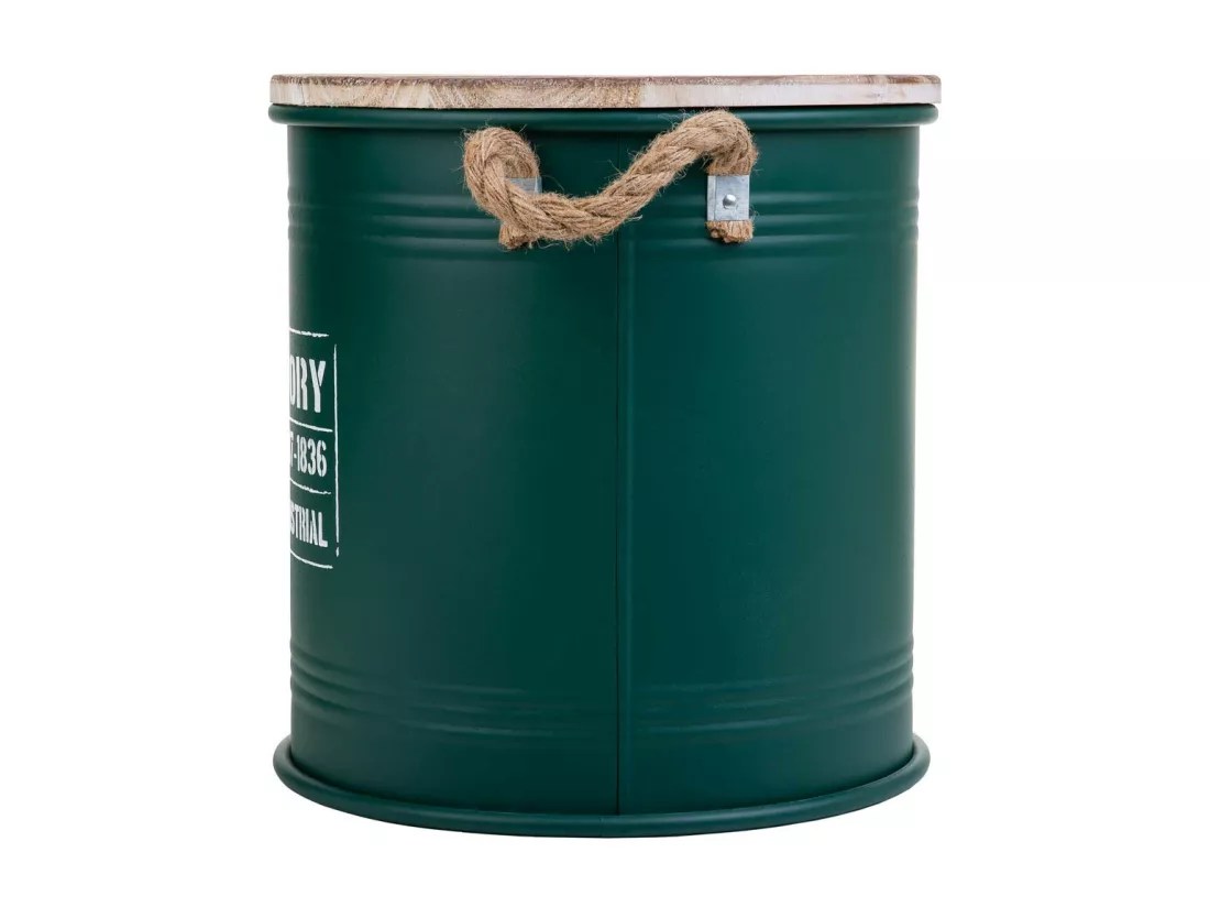 Boîte ronde en métal, couvercle en bois et poignées en corde imprimée verte D35x37h cm