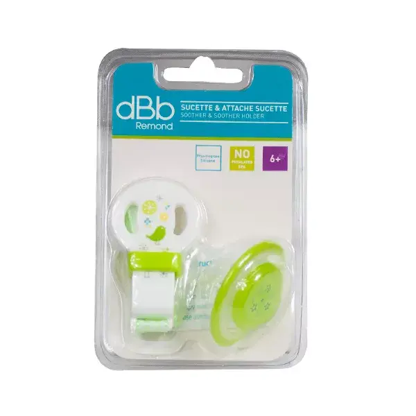 Chupeta de silicone fisiológica dBb Remond para 2ª idade + prendedor de chupeta verde
