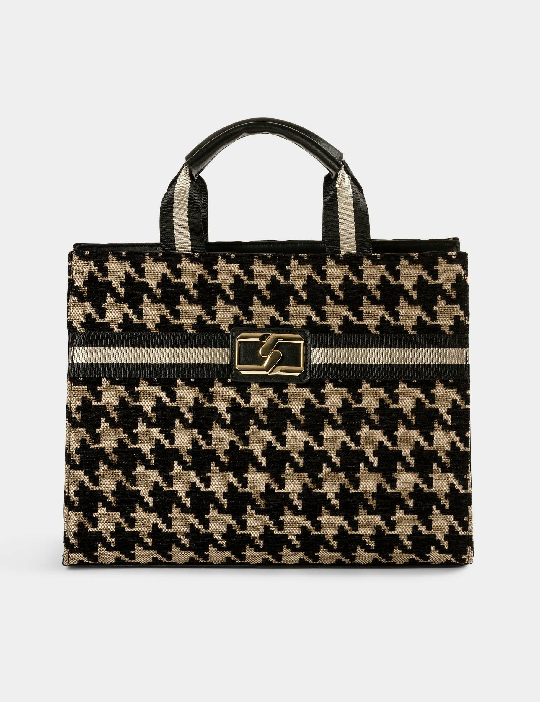 Sac cabas imprimé pied de coq marron femme - marron