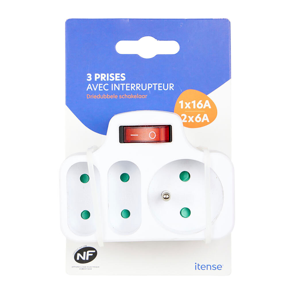 Bloc multiprise triplite 2 prises 6A, 1 prise 16A et interrupteur