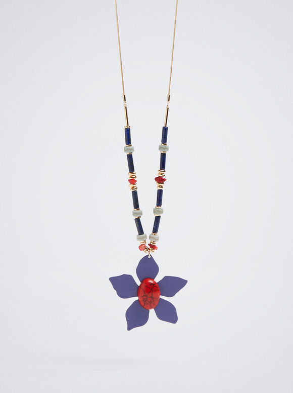 Colar com flor e pedra semipreciosa - Multicor