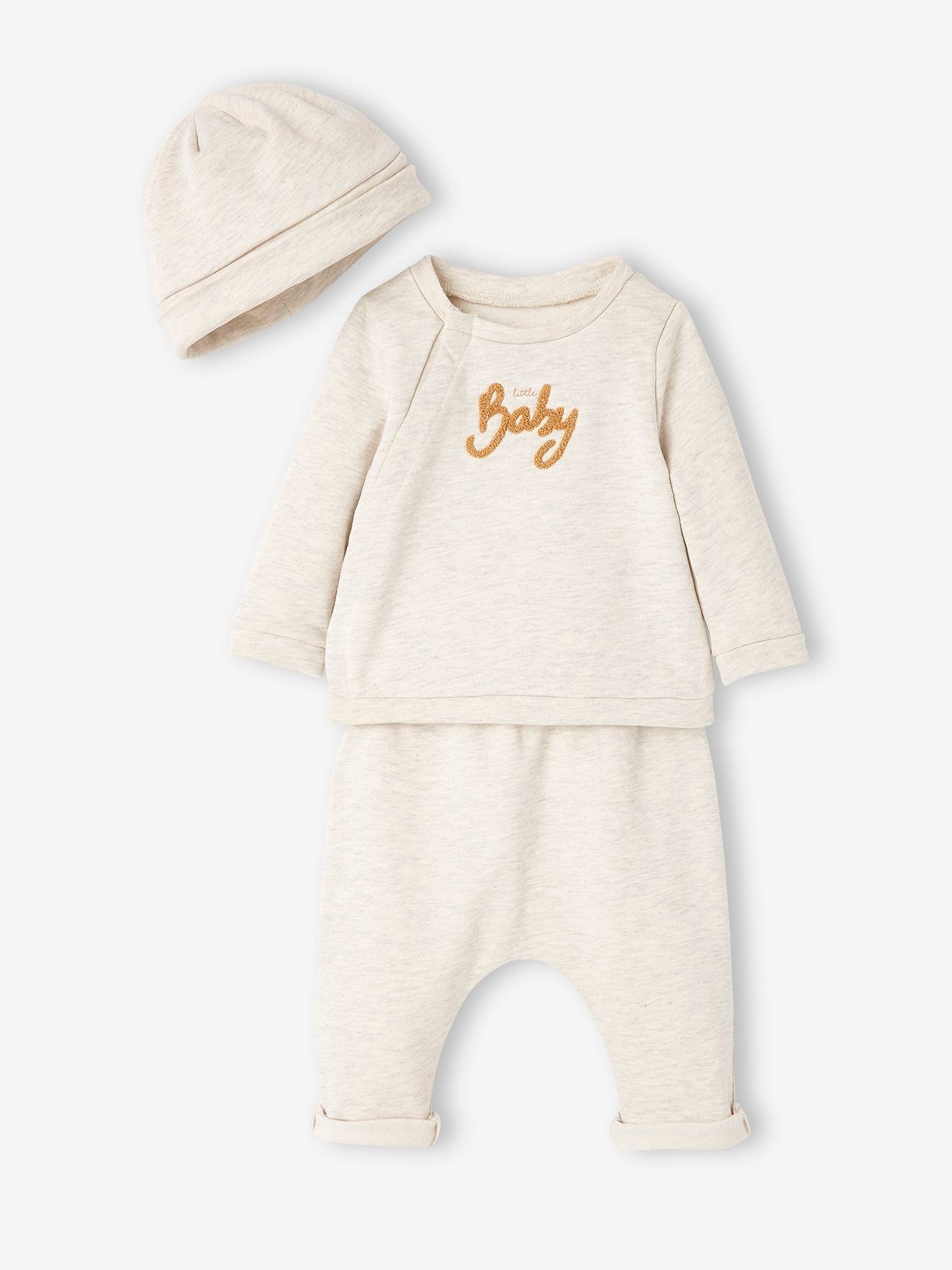 Conjunto de pelúcia para bebê de 3 peças, tamanho médio para recém-nascido, bege mesclado.
