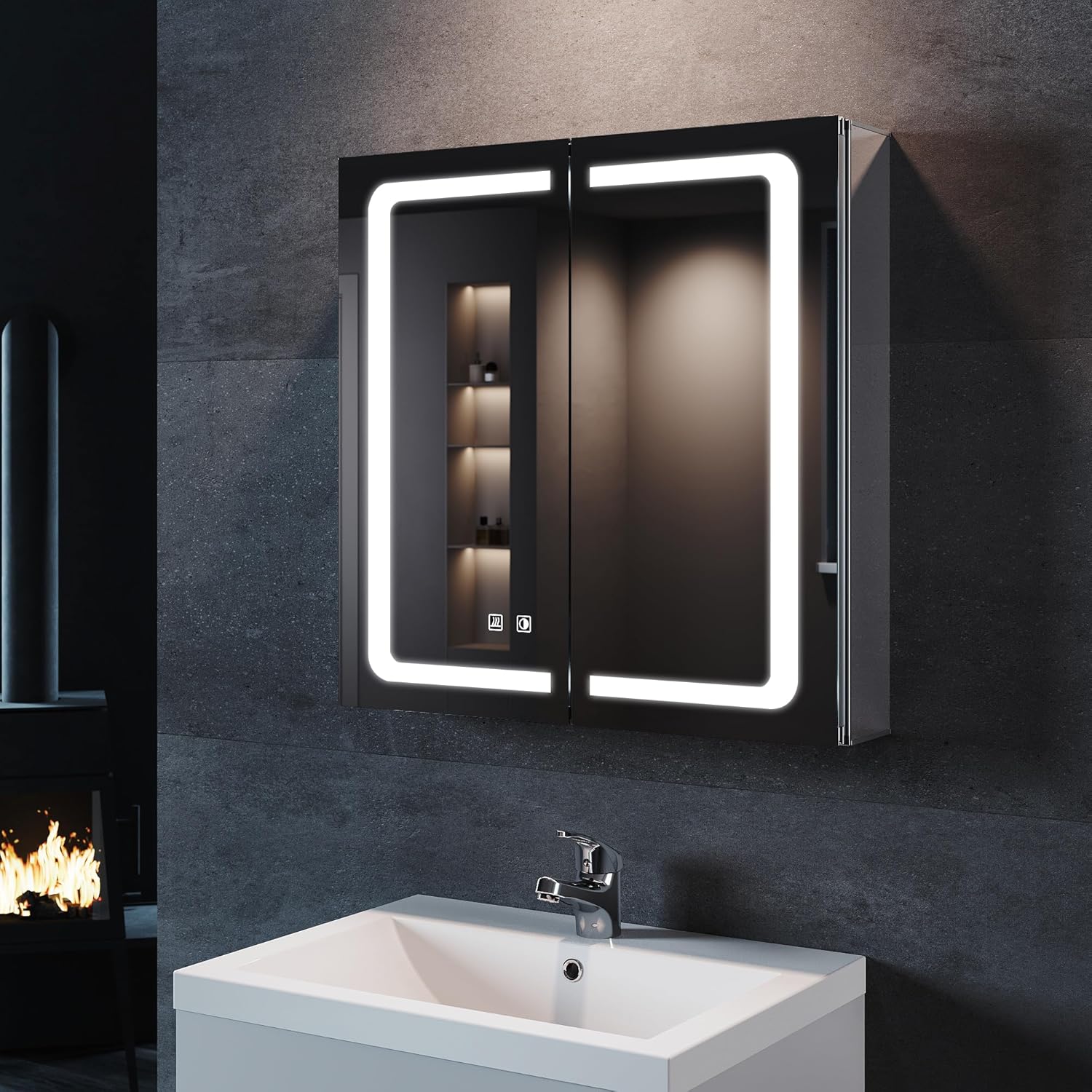 SONNI Spiegelschrank Bad mit Beleuchtung 65 cm breit, IP44, 3 einstellbare Lichtfarbe, doppeltürig Aluminium beschlagfrei Badezimmer spiegelschrank mit Steckdose, Kabelloses Scharnier