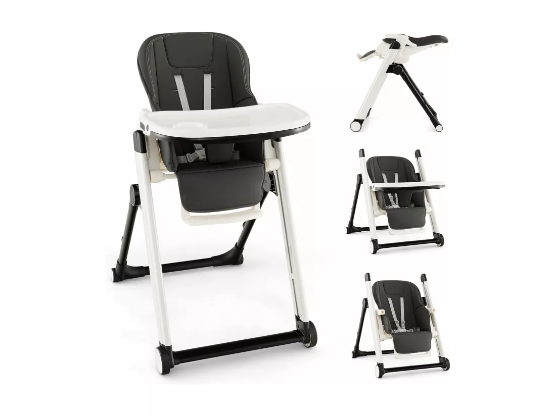 Chaise Haute Bébé Pliable Multifonctionnelle, Chaise d'Alimentation avec Double Plateau Réglable, 7 Hauteurs et 5 Angles d'Inclinaison, Roues Verrouillables, 6-36 Mois, Max 15KG, Gris Foncé