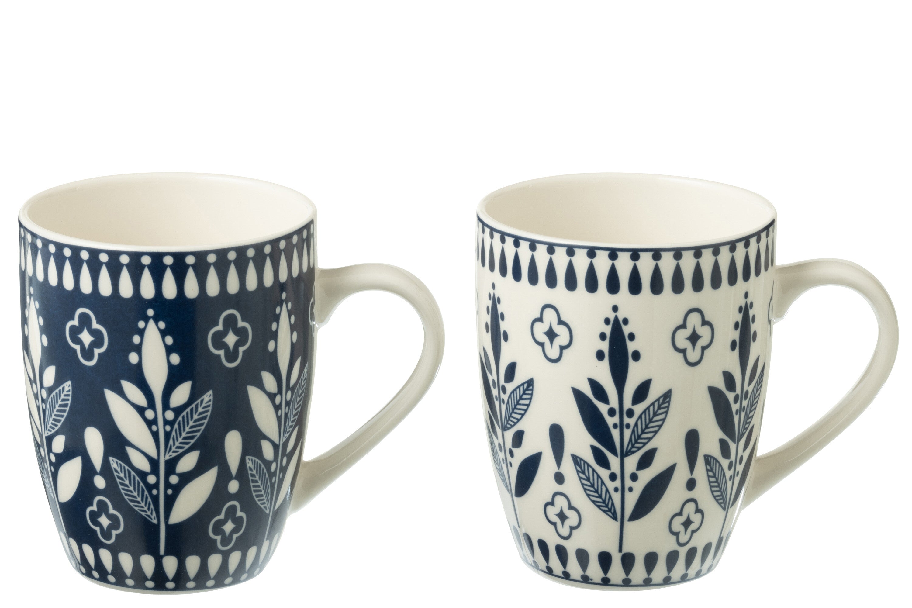 J-Line mok Bladeren - keramiek - blauw|wit - doos van 2