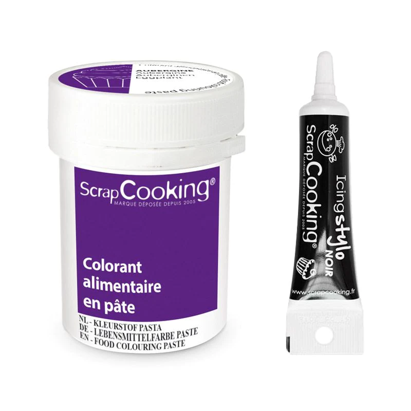 Colorant alimentaire en pâte 20 g Aubergine + Stylo de glaçage noir Sc