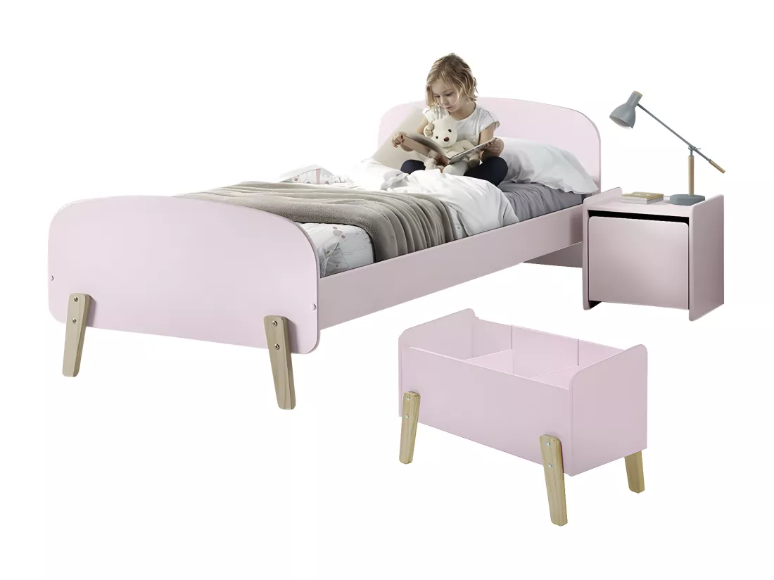 BODHI PINK - Lit 90x200cm + Chevet + Coffre à Jouets