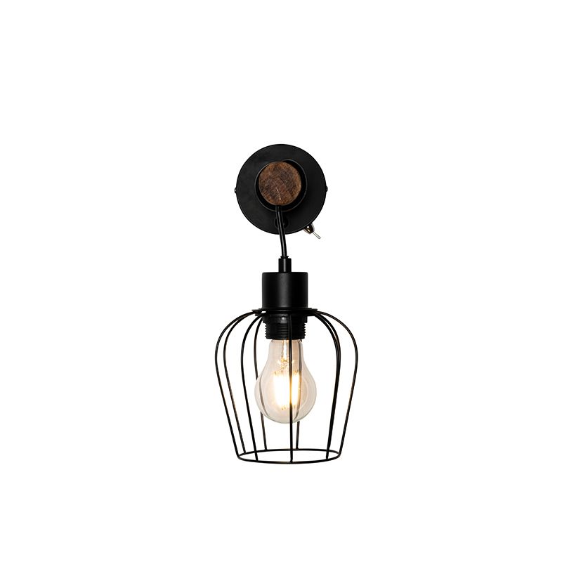 Landelijke wandlamp zwart met hout - Stronk