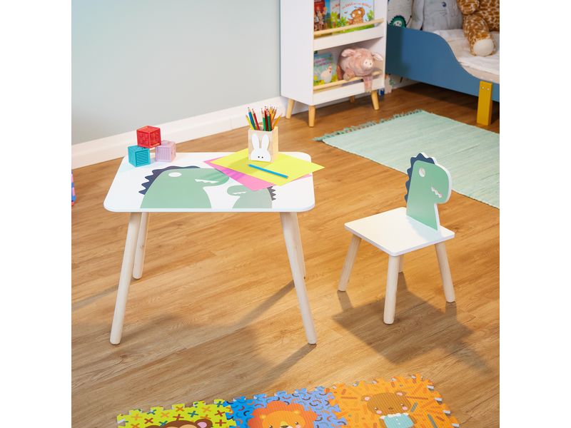 relaxdays Kindersitzgruppe Dinosaurier Grün; Hellbraun; Wei Set aus Kindertisch und Stuhl für Kleinkinder