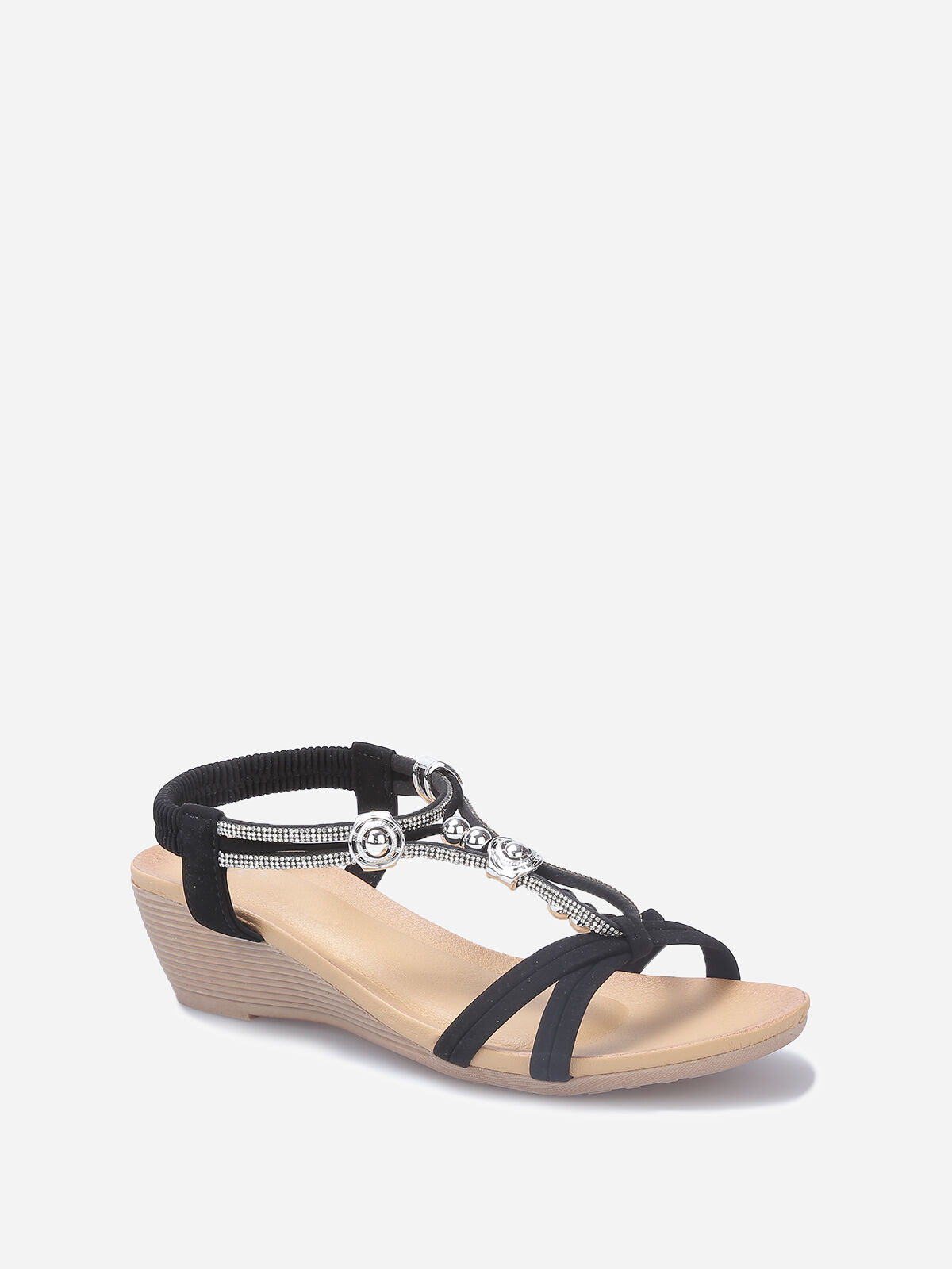 Sandales compensées à perles et strass- Noir