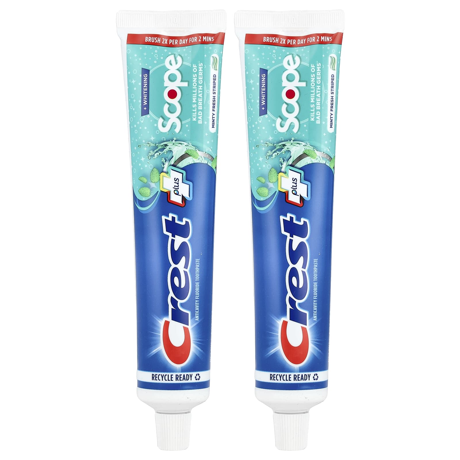 Crest, Plus Scope, anticariës fluoride tandpasta, Minty Fresh Striped, 2-pack, 153 g per stuk