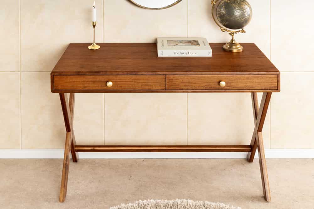 Stilvoller Konsolentisch SECRETARIO 110cm braun Akazie gold mit Schubladen